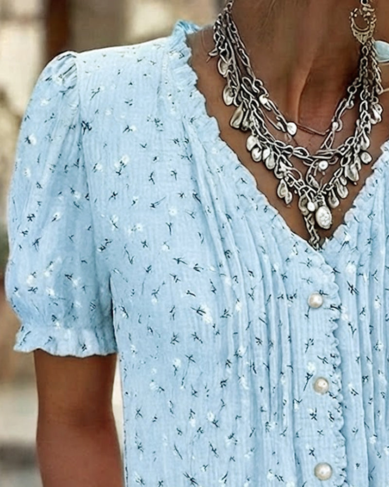 Puff Sleeve Floral Print Short-Sleeve Blouse
