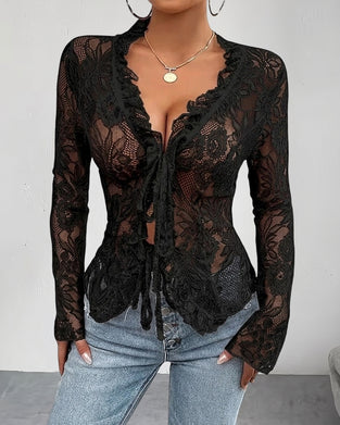 V-Neck Tie Lace Blouse