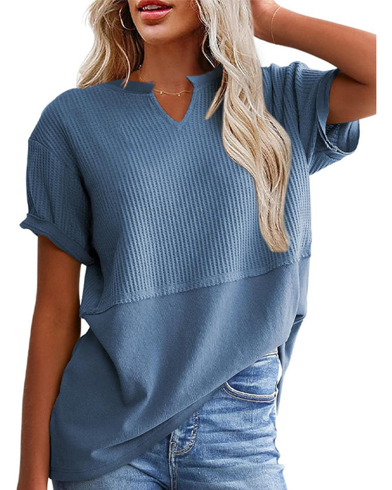 Cinched Waist Patchwork V-Neck Pullover T-Shirt