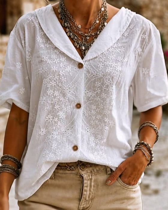 Lapel Button Three-Dimensional Floral Blouse