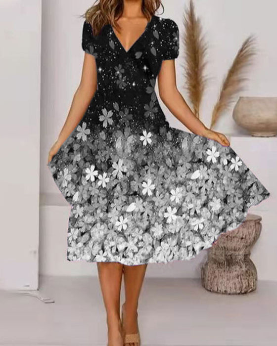 Short-Sleeved V-Neck Floral Dress