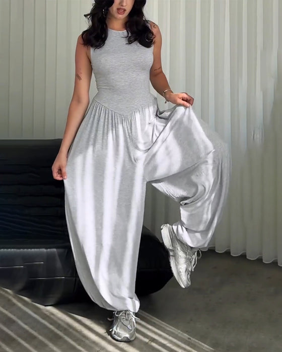 Round Neck Sleeveless Slim Fit Wide Leg Jumpsuit