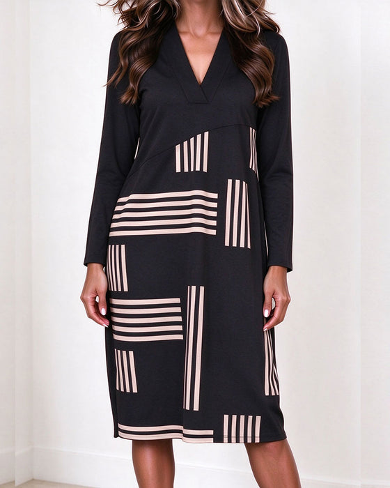 Geometric Striped V-Neck Long Sleeve Dress