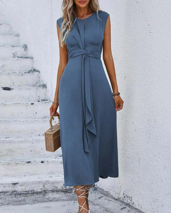 Solid Color Cinched Waist Tie Dress