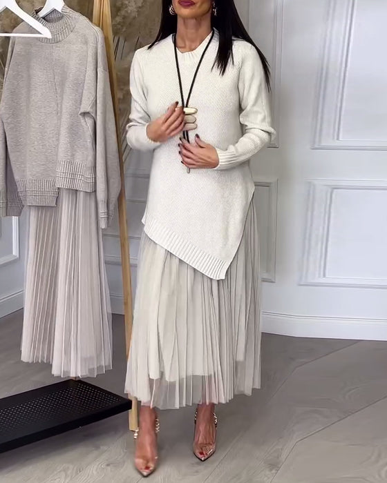 Crew Neck Irregular Pullover And Skirt Two-Piece Set