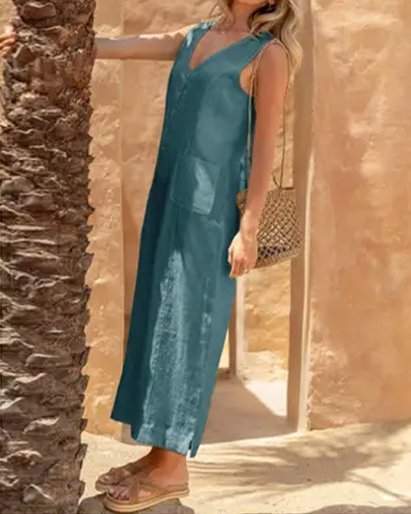 V-Neck Single-Breasted Sleeveless Jumpsuit