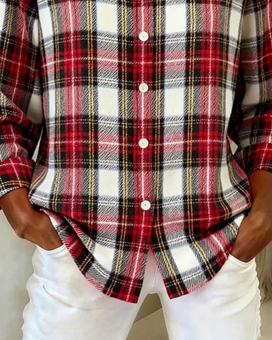 Lapel Button Plaid Long Sleeve Shirt
