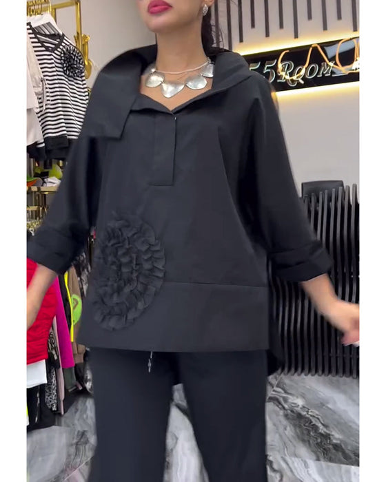 Lapel lace stitching flower blouse