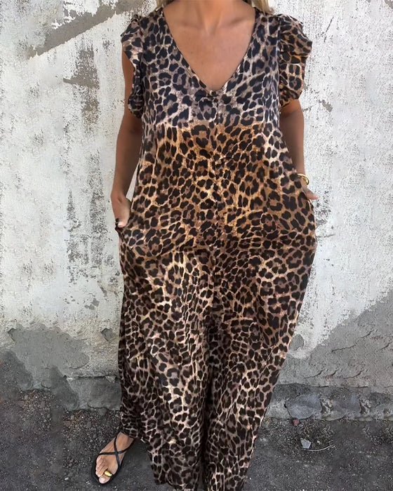 V-Neck Leopard Print Jumpsuit