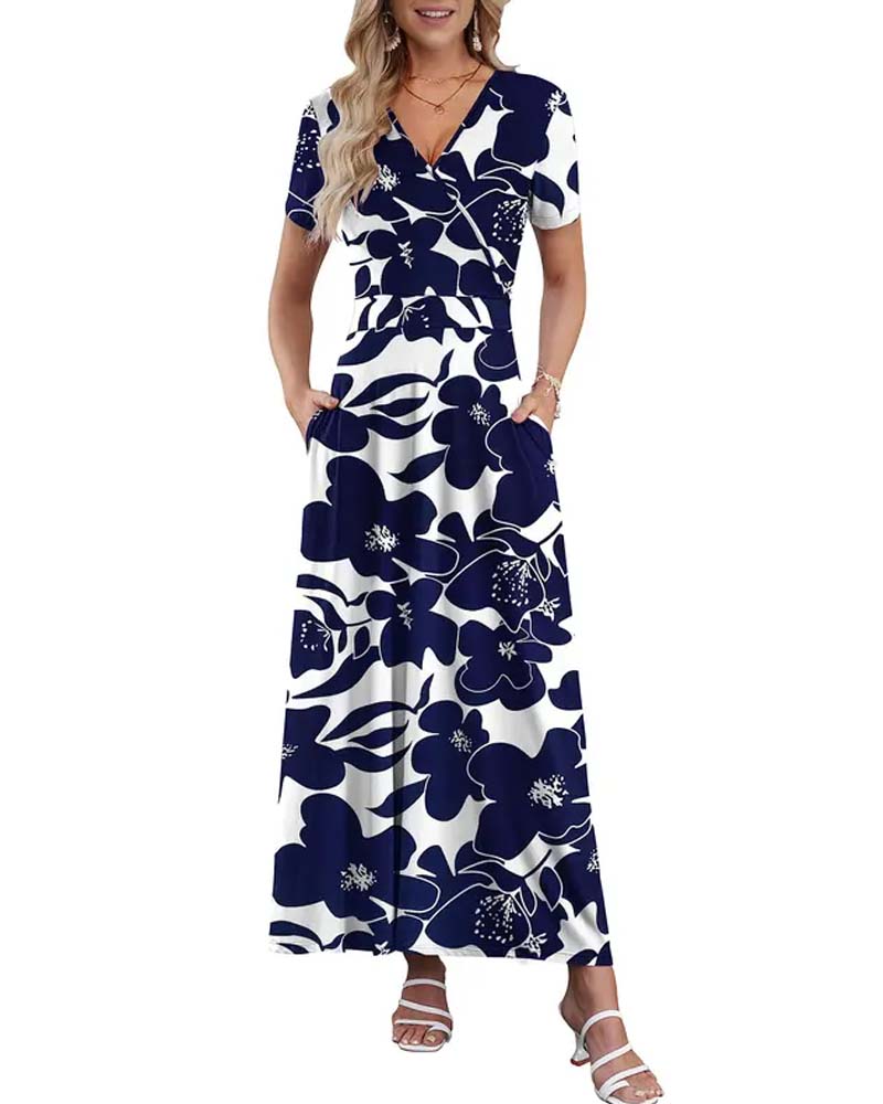 V-Neck Printed Short-Sleeved Dress