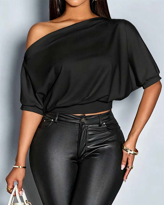Solid Color One Shoulder T-shirt