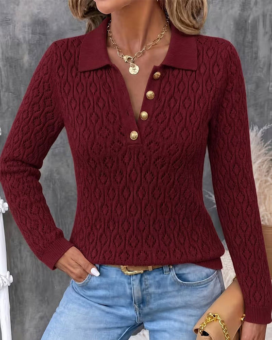 Turn-Down Collar Button Cutout Slim Pullover