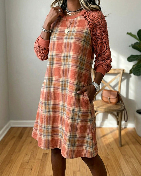 Plaid Lace Raglan Midi Dress