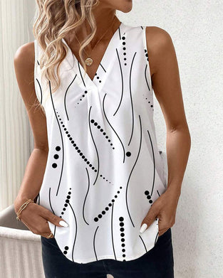 V-Neck Sleeveless Pleated Printed Vest