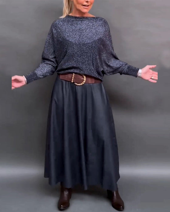 Shiny crew neck dolman sleeve top