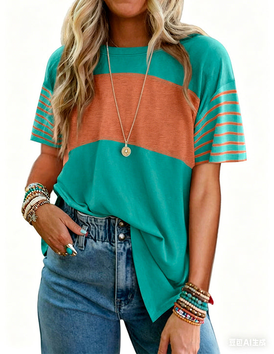 Pullover Striped Color-Block Short-Sleeve T-Shirt