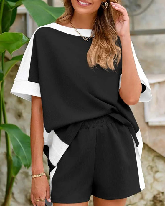 Color Block Short Sleeve Shorts Casual Set