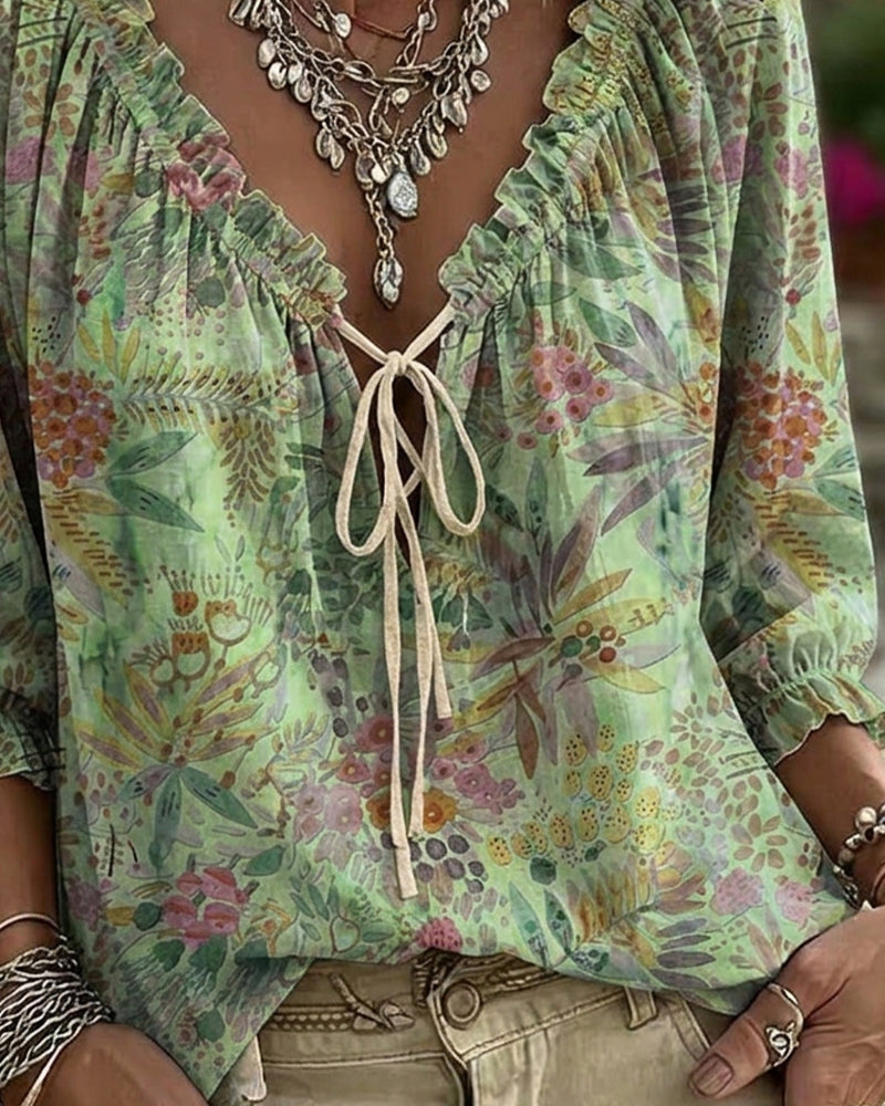 V-Neck Lace Up Blouse