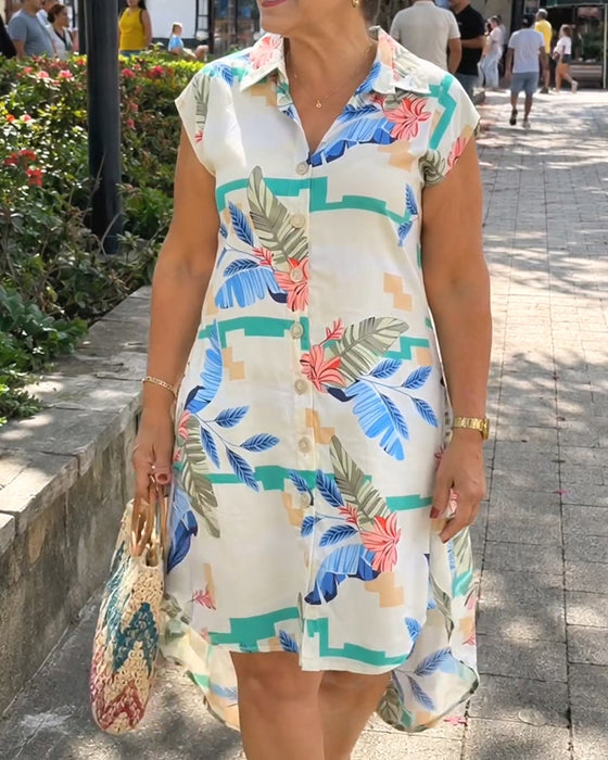 Leaf Print Lapel Shirt Dress