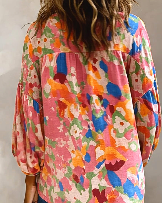 Colorful Printed Lantern Sleeve Fringe Blouse