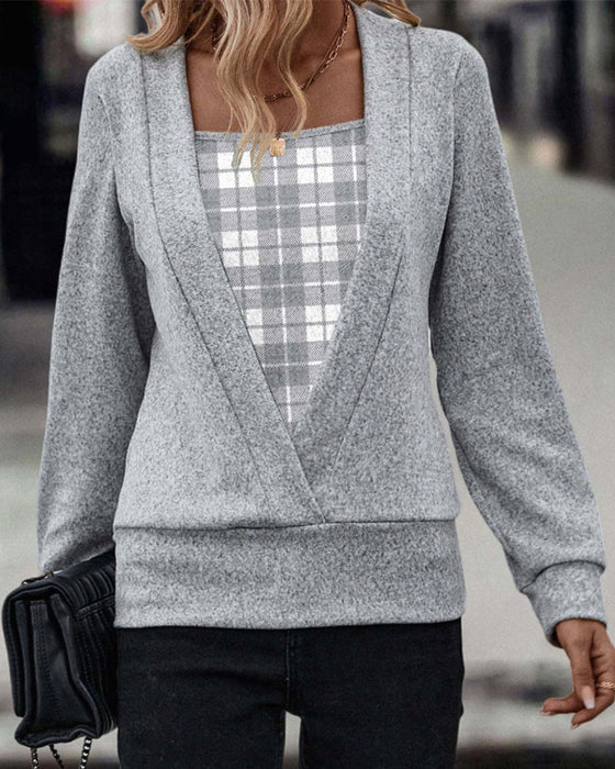 Patchwork plaid print long-sleeve top