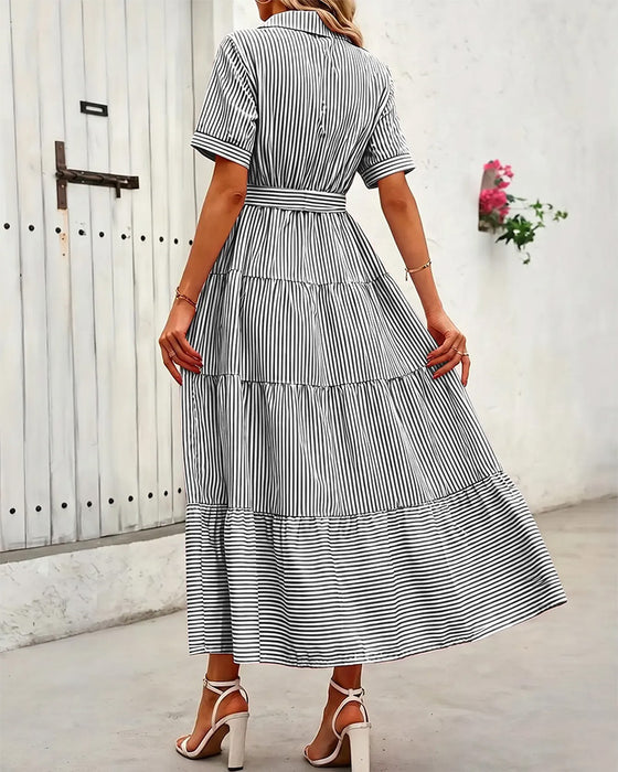 Striped Waist-Cinching Tiered Shirt Maxi Dress