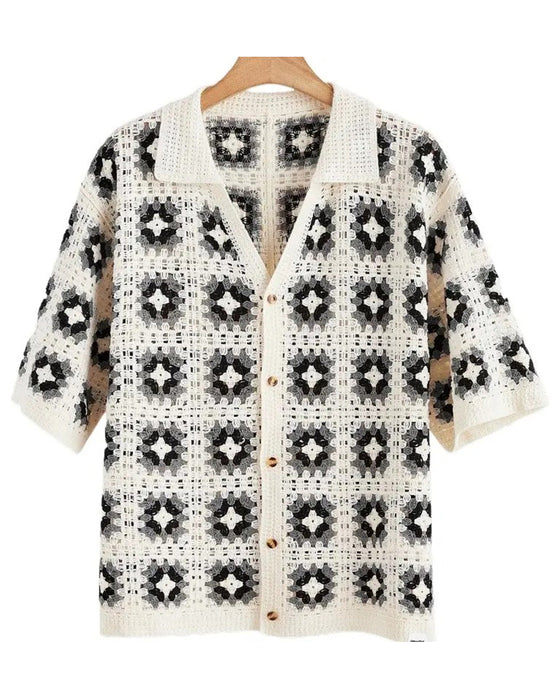 V-Neck Hollow Out Print Shirt T-Shirt