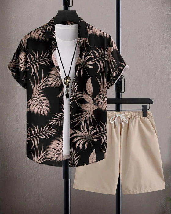 Lapel Palm Leaf Print Short-Sleeve Sets