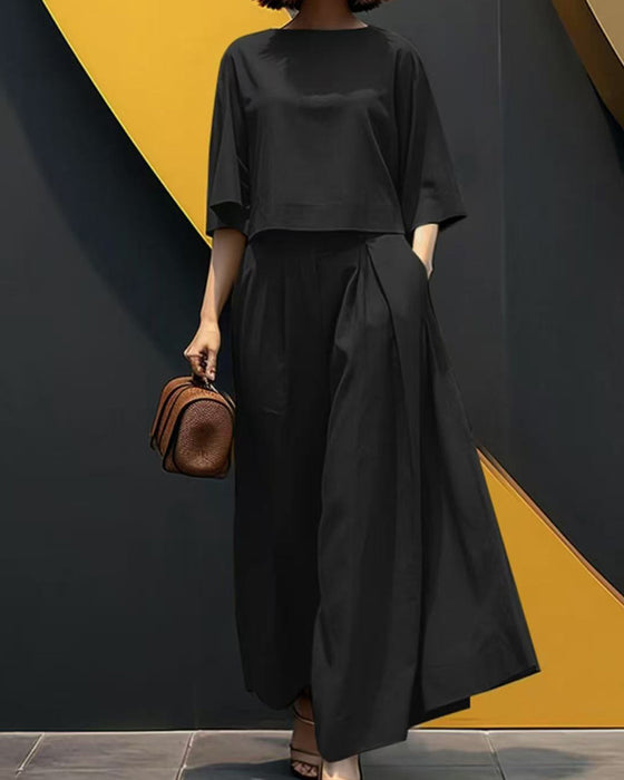 Solid Three-Quarter Sleeve Long Pants Two-Piece Set