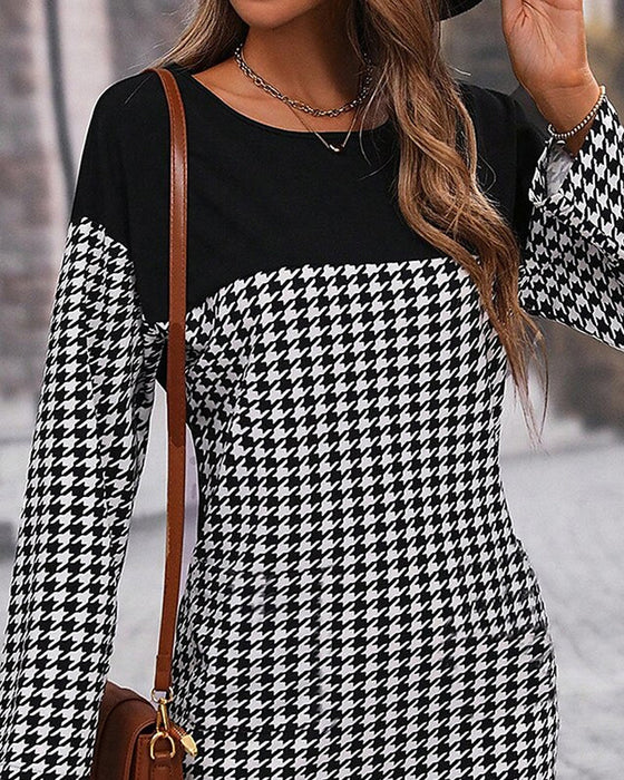 Elegant patchwork houndstooth dress