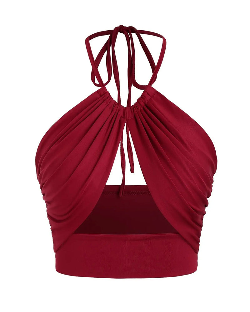 Women's Ruched Tie Back Halter Neck Crop Cami Top