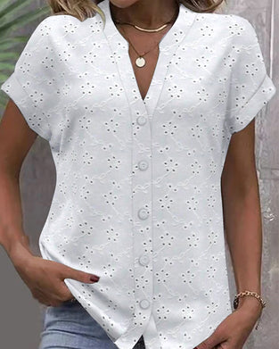 Stand Collar Lace Hollow Button Shirt