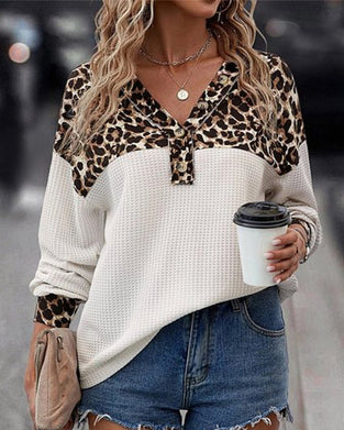 Casual leopard print V-neck buttoned sweatshirt
