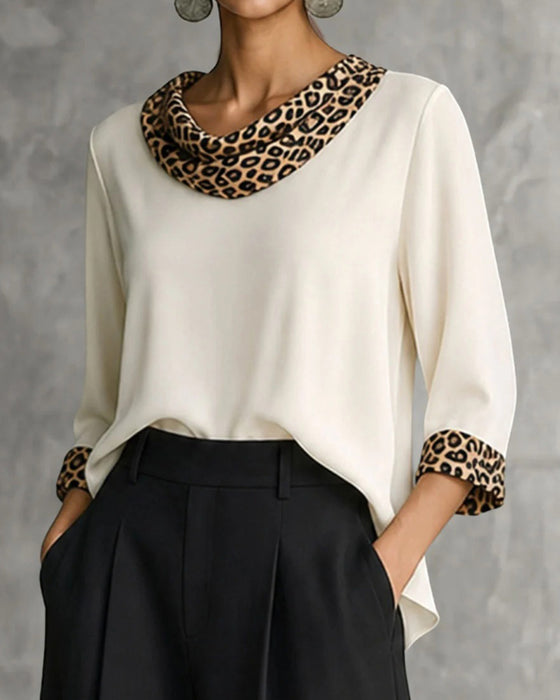 Leopard Panel Cowl Neck Elbow-Length Sleeve Blouse