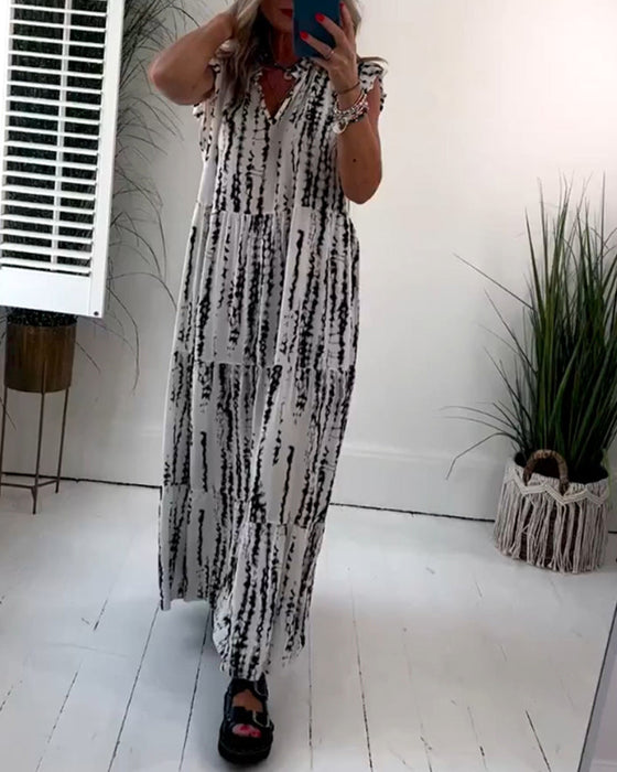 Fly Sleeve Printed V-Neck Dress