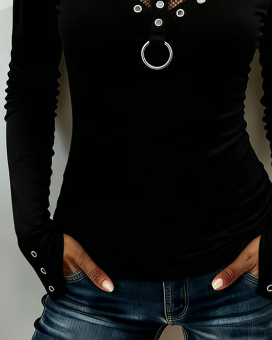 Crew Neck Lace Panel Cutout Metal Ring Blouse