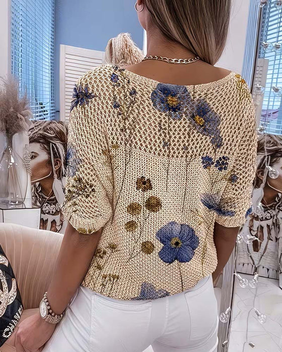 Crew Neck Floral Hollow Out Loose Pullover