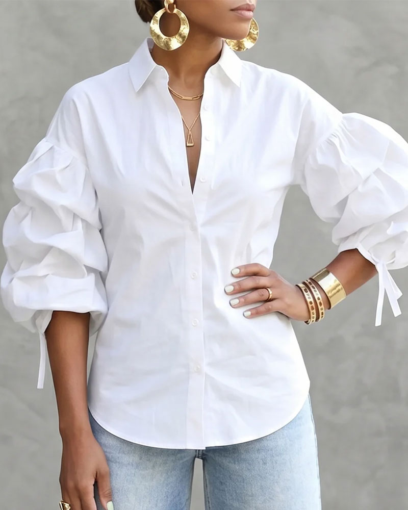 Tie Ruffled Puff Sleeve Shirt