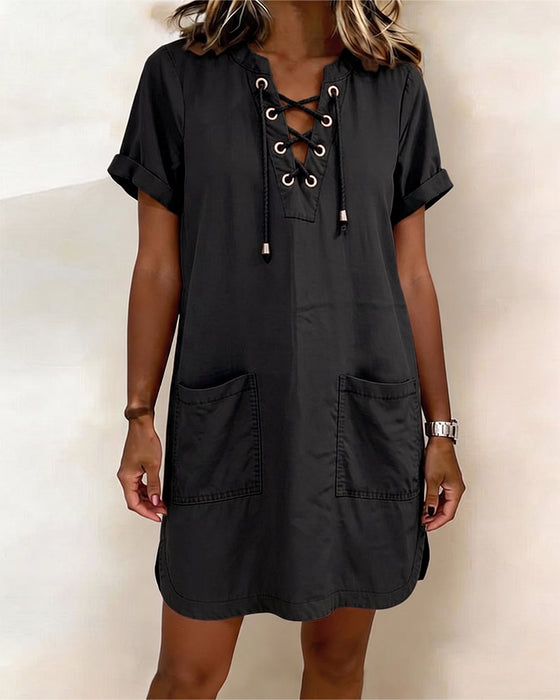 Tie V Neck Pocket Sheath Dress