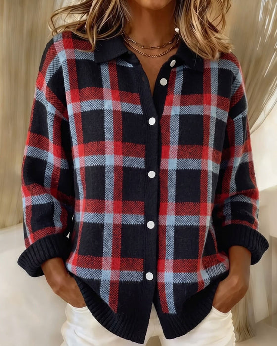 Lapel Buttoned Plaid Loose Cardigan