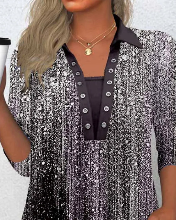 Long-Sleeved Collared Printed Blouse