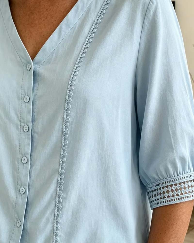 V-Neck Button Lace Blouses