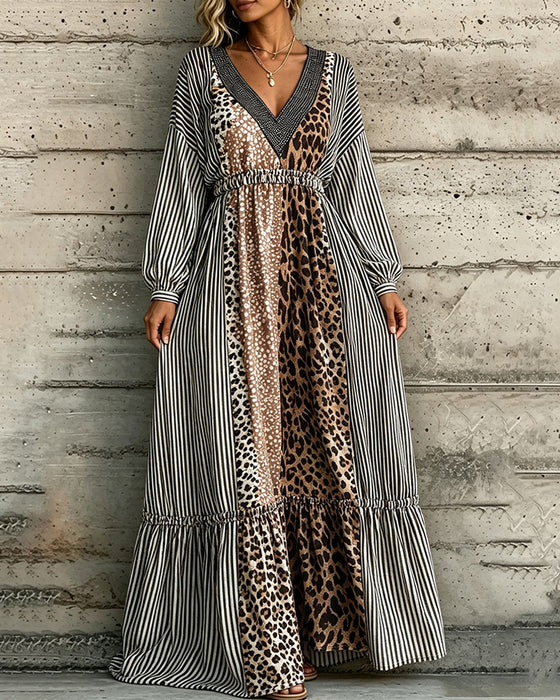 V-Neck Striped Leopard Print Patchwork Dress