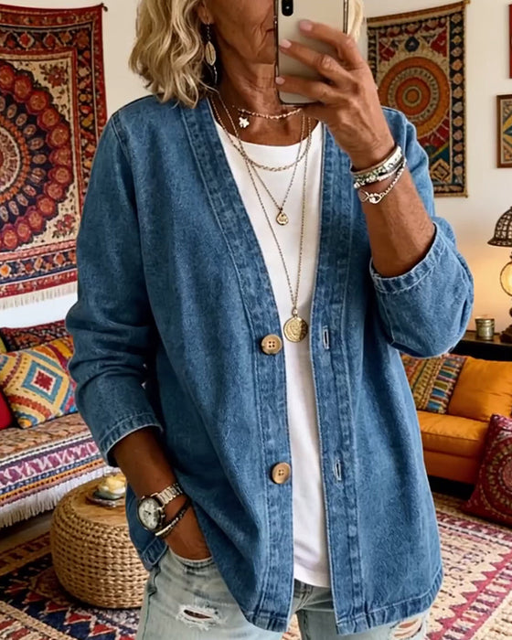 Denim V-Neck Cardigan Coat
