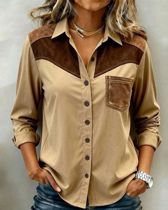 Splicing Lapel Long Sleeve Shirt