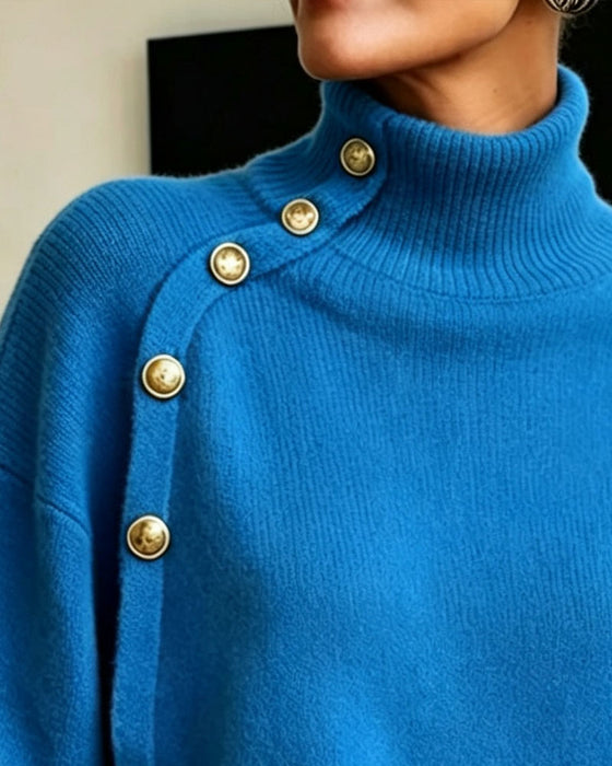 Diagonal Metal Button Turtleneck Pullover