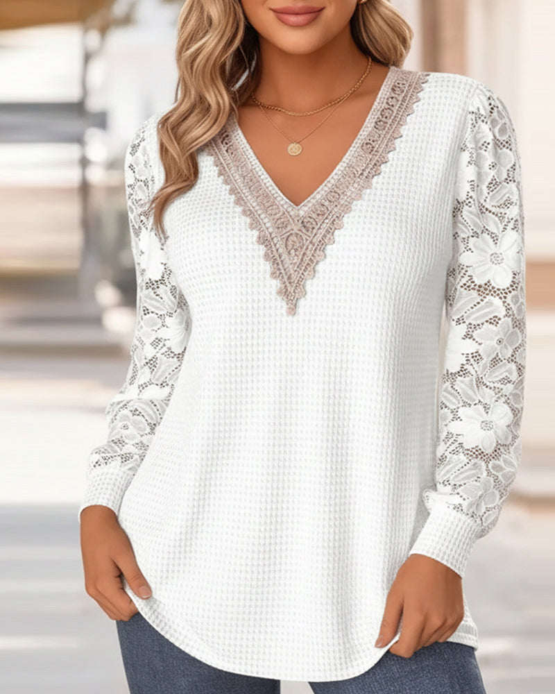 Elegant V-Neck Lace Long-Sleeved T-Shirt