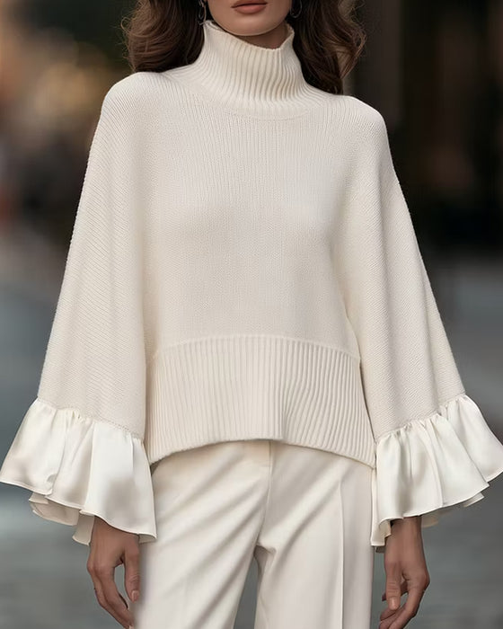 Turtleneck Patchwork Ruffled Sleeve Pullover