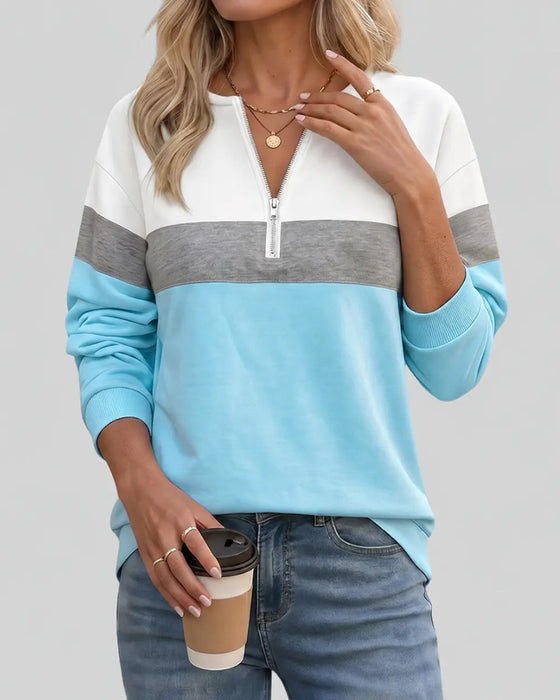 Zippered Stand-Collar Color-Blocked Long-Sleeved Sweatshirt