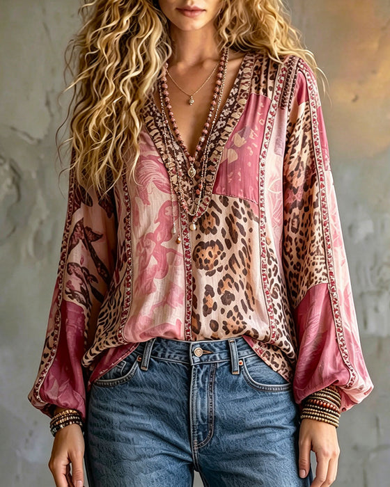 V-Neck Leopard Print Color Block Lantern Sleeve Blouse